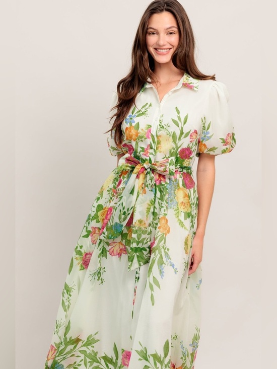 Flying Tomato Dresses & Skirts - Flying Tomato Midi Floral Tie-Waist Dress in Cream and Green with Bell Sleeves